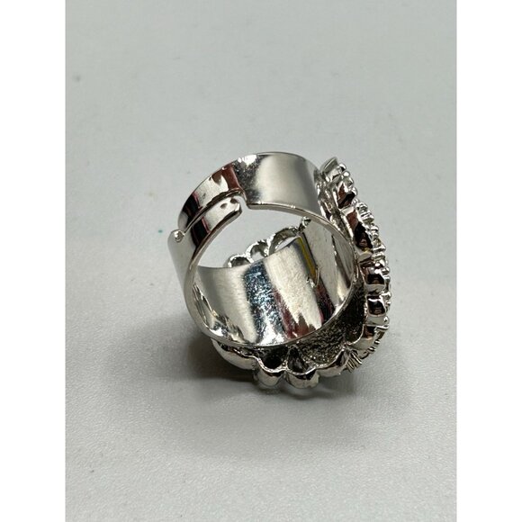 Blue Opalescent Rhinestones Ring Adjustable Silver Tone Wide Statement Jewelry - Picture 6 of 8